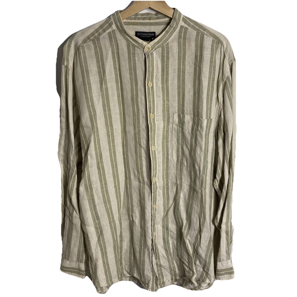Vtg J Peterman 100% Linen Band Collar Henley Poets Shirt Mens Large Striped